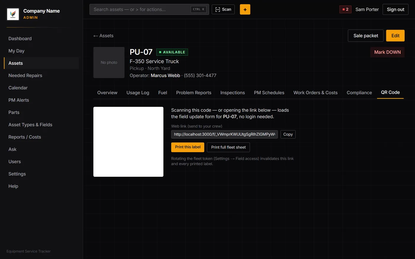 Asset detail page showing a printable QR code and a no-login field link